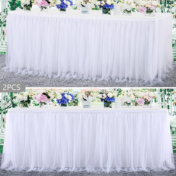 2 Pack 6ft White Tulle Table Skirts for wedding Bridal Shower White Ruffle Tutu Tablecloth for Baby Shower Birthday Party Banquet Baptism Cake Dessert Table Decorations