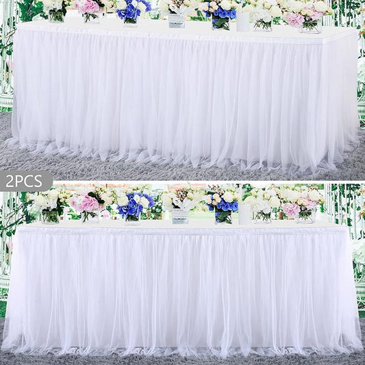 2 Pack 6ft White Tulle Table Skirts for wedding Bridal Shower White Ruffle Tutu Tablecloth for Baby Shower Birthday Party Banquet Baptism Cake Dessert Table Decorations