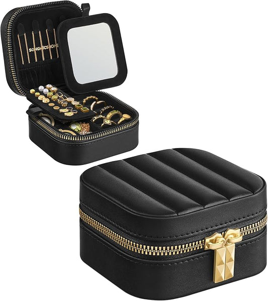 SONGMICS HOME Travel Jewelry Case, Small Jewelry Box Organizer with Mirror, 4.1 x 4.1 x 2.4 Inches, PU Surface with Stitching, Portable, Ink Black, ANAH Collection UJBC179B01