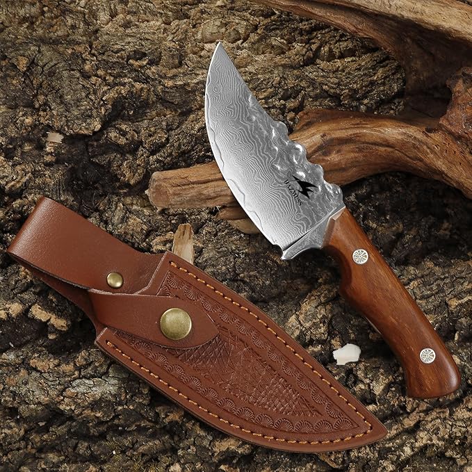 Damascus Utility Knife with Sheath - Kitchen Knife - 3.8" Damascus Steel Blade with Ergonomic Wooden Handle, Full Tang for Outdoors & Kitchen