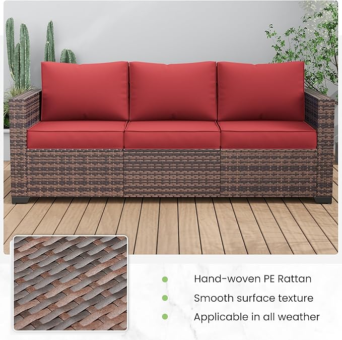 Amopatio Patio Couch, 2-Seat Outdoor Furniture, Wicker Porch Furniture Outdoor Couch Sofa with Water-Resistant Cover & Non-Slip Cushions, Premium Patio Set, Burgundy
