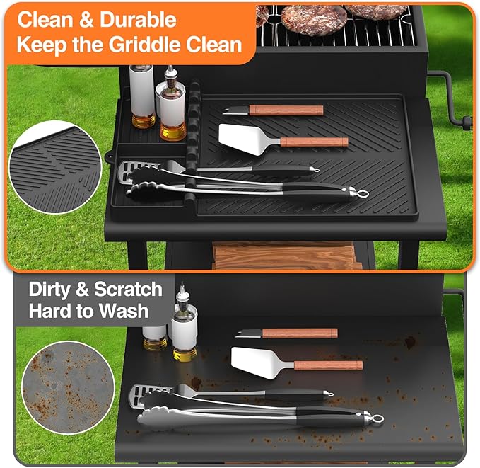 Silicone Griddle Tools Mat for Blackstone, Griddle Accessories Side Shelf Mat Grill Pad for Outdoor Grill Kitchen Counter Spatula Silicone Mat with Drip Pad (Black (2Packs))