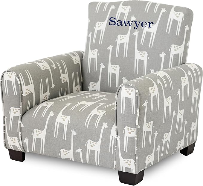 Toddler Personalized Armchair, Kids Upholstered Rocking Chair with Personalization, Toddler Chair with Personalized Name, Comfy Child Armchair, (Grey Giraffes Print, Legs)