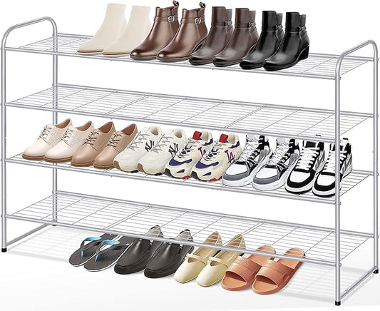 KEETDY 4-Tier Long Shoe Organizer for Closet Floor, Wide Shoe Rack for Closet, Stackable Shoe Rack for Entryway Metal Shoe Shelf for 30 Pairs Men Sneakers with Wire Grid for Bedroom, Grey
