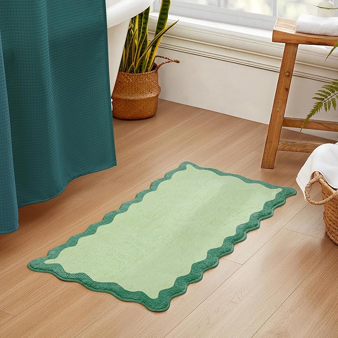 MONDAY MOOSE Bath Mat with Scalloped Wavy Ripple Design, Microfiber Absorbent Non Slip Tufted Rug for Floor, Shower or Kitchen (24x47 inch, Teal Green)