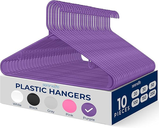 SereneLife Premium 10 Pack Plastic Hangers, Lightweight, Durable, Space Saving Clothes Organizers, Suitable for Shirts, Sweaters, Hoodies, Dresses, Kids Clothes, Good for Home Organization (Purple)