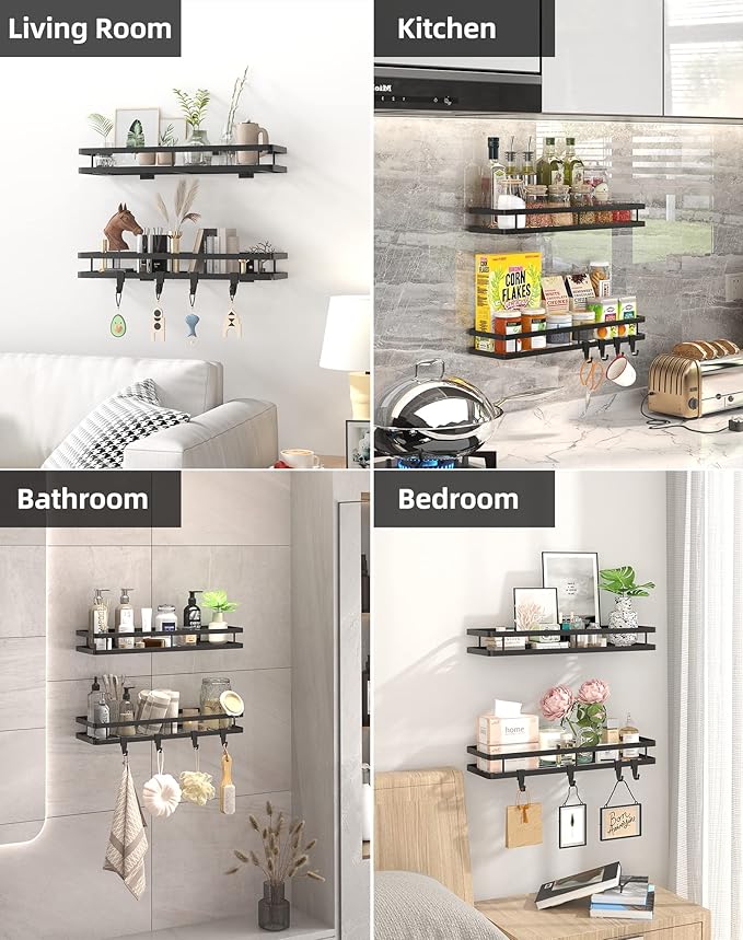 Spice Rack Organizer Wall Mount - 15.7in 2Pack [Upgraded Version] Hanging Seasoning Organizer Shelf with Paper Towel Holder, Storage for Cabinet or Wall Mounted with 4 Strong Hooks (Simple black)