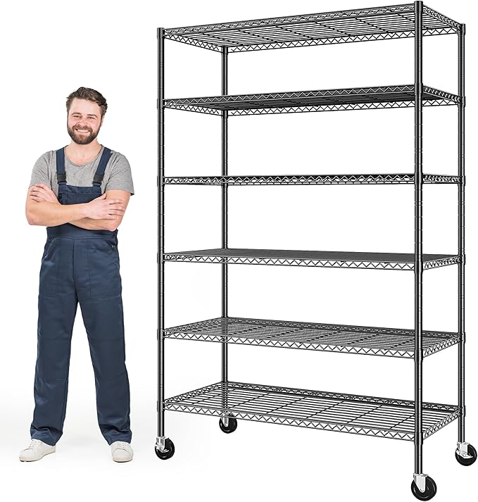 82" H X45 W X18 D Storage Shelves with Wheels, 6 Tier Wire Shelving Adjustable Metal Shelving Pantry Shelves Capacity 1200LBS for Garage Shelving, Pantry, Kitchen, Closet, Black