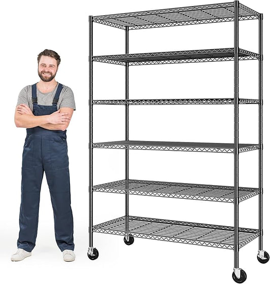 82" H X45 W X18 D Storage Shelves with Wheels, 6 Tier Wire Shelving Adjustable Metal Shelving Pantry Shelves Capacity 1200LBS for Garage Shelving, Pantry, Kitchen, Closet, Black