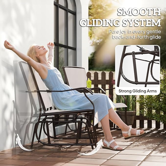Outsunny Outdoor Glider Chairs with Coffee Table, Patio 2-Seat Rocking Chair Swing Loveseat with Breathable Sling for Backyard, Garden, and Porch, Beige