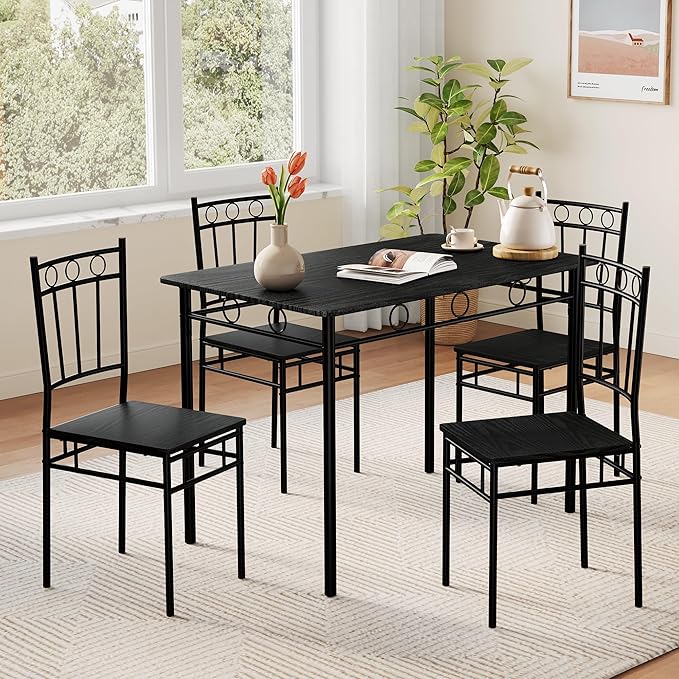 Kitchen Dining Table Set for 4, 5-Piece Kitchen Table Set,Dining Room Table Sets,Rectangular Kitchen Table Set with 4 Chairs for Small Space, Dinette,Apartment,Rustic Black