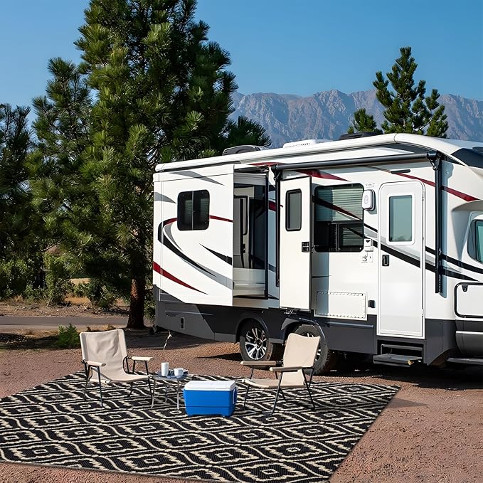 OLANLY Outdoor Rug 5x8 ft Waterproof, Outdoor Plastic Straw Rug with Geometric Pattern Clearance, Reversible RV Mat for Patio, Camping, Balcony, Deck, Backyard, Black & Beige