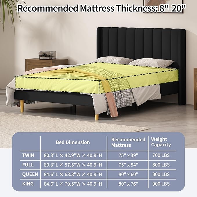 Full Size Upholstered Platform Bed Frame with Modern Wingback & Vertical Panel Headboard, Linen Fabric, Wooden Legs & Slats Support, No Box Spring Needed, Noise-Free & Easy Assembly, Black