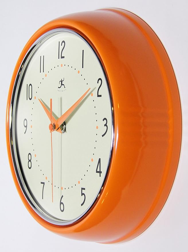 Infinity Instruments LTD. Retro 9 inch Silent Sweep Non-Ticking Mid Century Modern Kitchen Diner Wall Clock Quartz Movement Retro Wall Clock Decorative (Orange)…