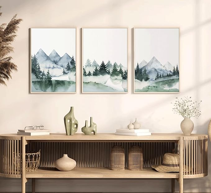 3 Pcs Modern Mountains Canvas Wall Art Green Watercolor Misty Pine Forest Nature Minimalism Abstract Landscape Painting Picture Wall Decor Poster Print Artwork for Living Room Bedroom Office Unframed