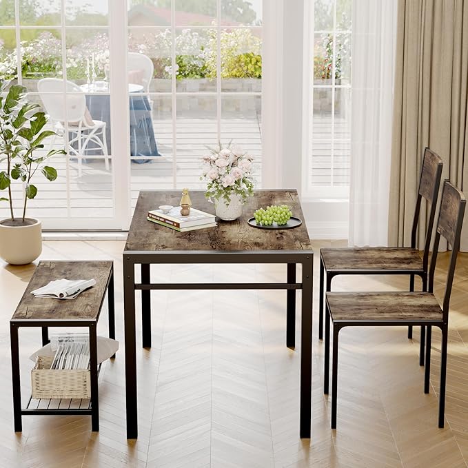 JUMMICO 43.3" Dining Table Set for 4, Kitchen Table with Bench & 2 Chairs Modern Rectangular Metal Frame Dining Furniture Set for Small Space (Rustic Brown)