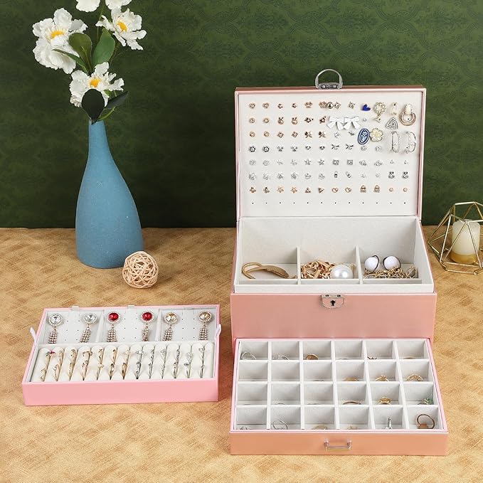 BOOVO Earring Jewelry Box For Women Girl Stud Organizer, 5 Layers Girl Jewelry Organizer Box With Lock Earring Holder Organizer Necklace Ring Jewelry Organizer Box For Girls (rose gold)