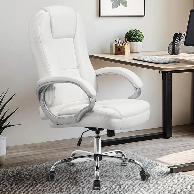 NEO CHAIR Office Desk Ergonomic Gaming Chair High Back Adjustable Computer Chair with Wheels and Lumbar Support Comfy Leather Executive Swivel (White)