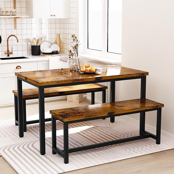 Recaceik Dining Table Set with Bench, 3 Pieces Dining Furniture Set Kitchen Table Set Sturdy Structure Space-Saving Dinette for Kitchen, Dining Room Breakfast Nook, Living Room, Rustic Brown