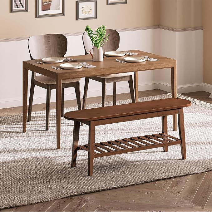 HOOBRO Dining Bench, 2-Tier Bamboo Farmhouse Entryway Bench, Indoor Storage Wooden Bench for Living Room, Dining Room, Hallway, Bedroom, Entryway, Bathroom, Brown BR06CD01