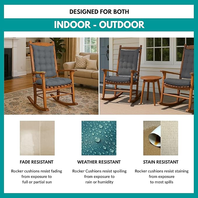 Rave Graphite Grey Porch Rocker Cushions - Extra-Large - Indoor - Outdoor: Fade Resistant, Weatherproof - Latex Foam Filled Rocking Chair Seat Cushion & Backrest Pad Set - Solid Color