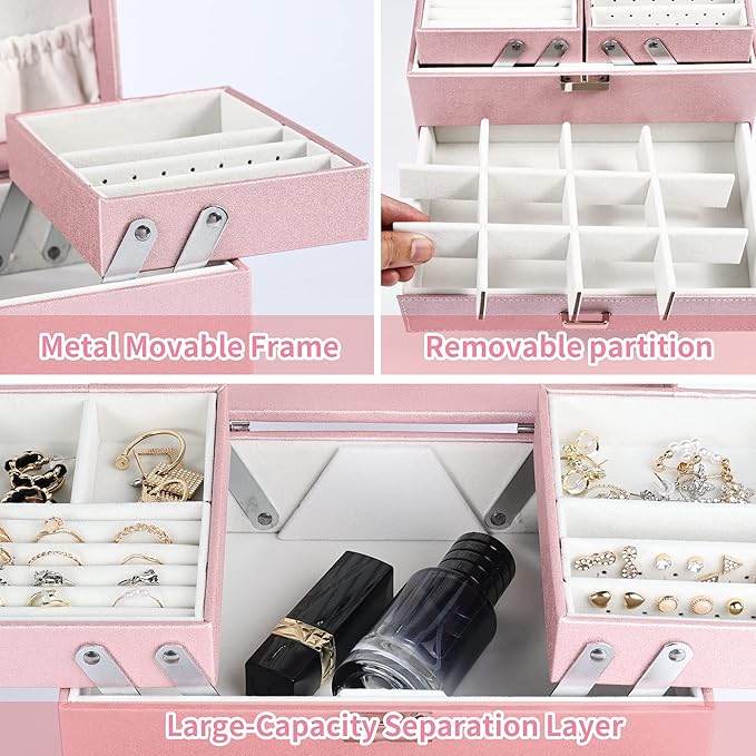 Dajasan Jewelry Boxes for Women Girls, Jewelry Storage Organizer, 4 Layers Large Jewelry Organizer Box with 2 Drawers for Friends, Wife or Mother Gift (Pink)