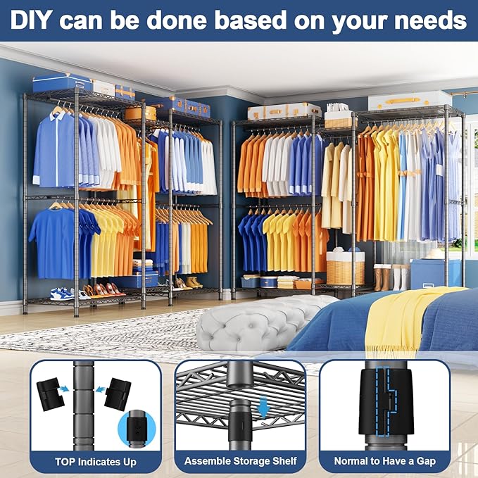 Ulif E12 Clothes Rack，Heavy Duty Freestanding Garment Rack with Shelves，Metal Clothing Closet Storage System for Hanging Clothes，71" W x 16" D x 76.5" H, Hold 960 lbs，Grey