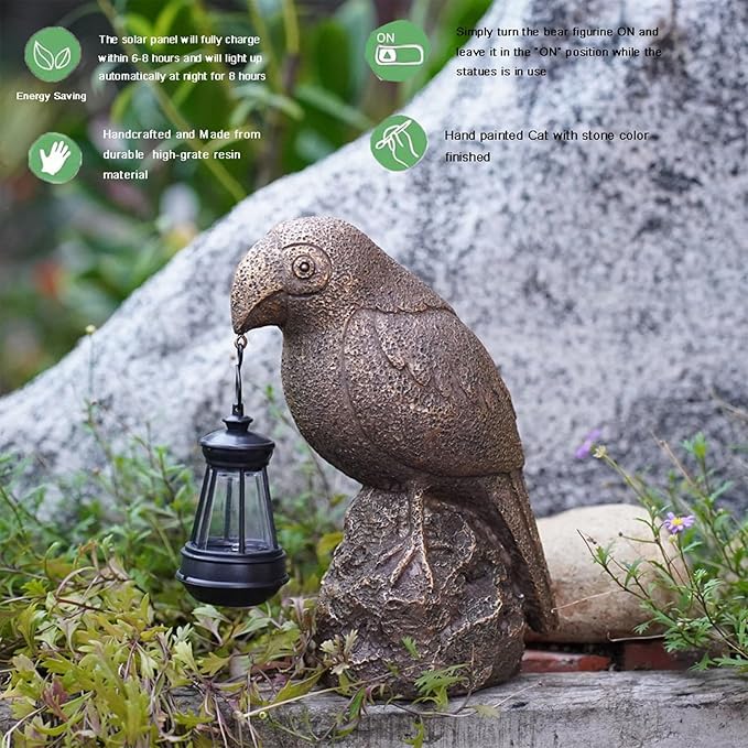 Outdoor Figurine Lights-Solar-Powered Parrot Garden Light - Waterproof Resin Statue, Auto-Charging led lamp for Outdoor Decor - Unique Birthday, Christmas Present (Smoke Gray)