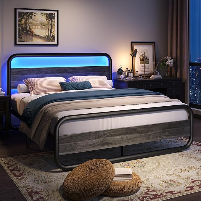 Catrimown Full Size Bed Frame, Metal Full Bed with LED Light and Under Bed Storage, Heavy Duty Platform Bed Frame with Wood Headboard, Noise Free, No Box Spring Needed