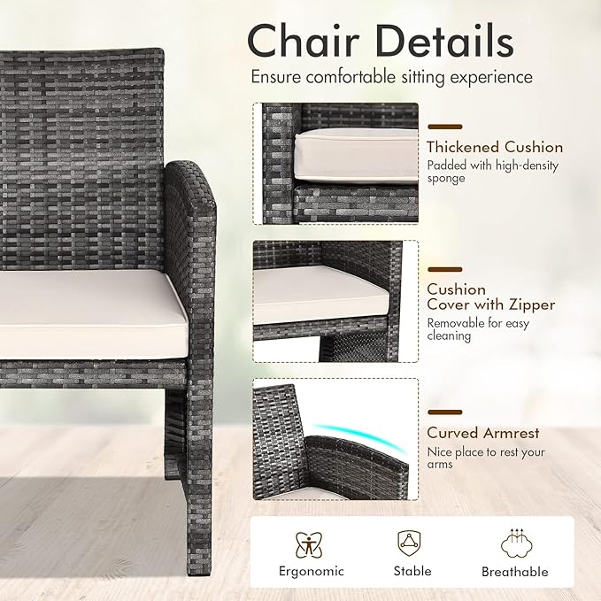 Goplus 4-Piece Rattan Patio Furniture Set, Outdoor Wicker Conversation Sofa with Weather Resistant Cushions and Tempered Glass Tabletop for Lawn Backyard Pool Garden (Beige)