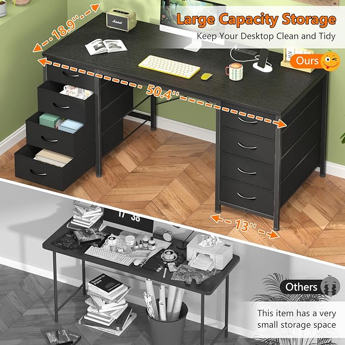 50 Inch Computer Desk with 8 Drawers, Home Office Desk with Power Outlets, Work Study Gaming Desk with 8 Fabric Drawers, Black