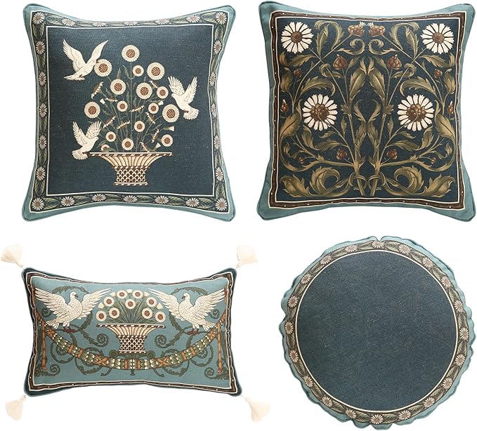 Green Throw Pillow Covers Set of 4,French Farmhouse with White Birds and Flowers Pattern Linen Pillowcases,Decorative Round Square Lumbar Pillows Cushion Covers for Couch Sofa Bed Chair
