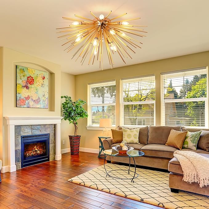 Jaycomey Sputnik Ceiling Light Fixtures, Mid-Century 12 Lights Gold Firework Ceiling Light, Modern Semi Flush Mount Ceiling Lamp for Bedroom Living Dining Room, E12, Dia 29.5 Inch