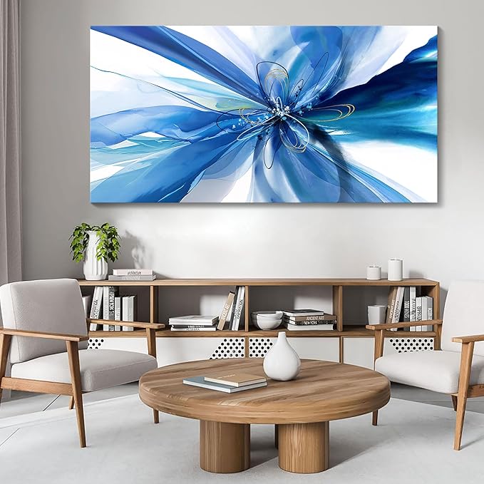 HKDGOKA Large Canvas Wall Art - Blue White Abstrac Gradient Flower Modern Paintings Picture Prints Ready to Hang Living Room Bedroom Dining Room Office Hallway Home Decor 29x58 IN