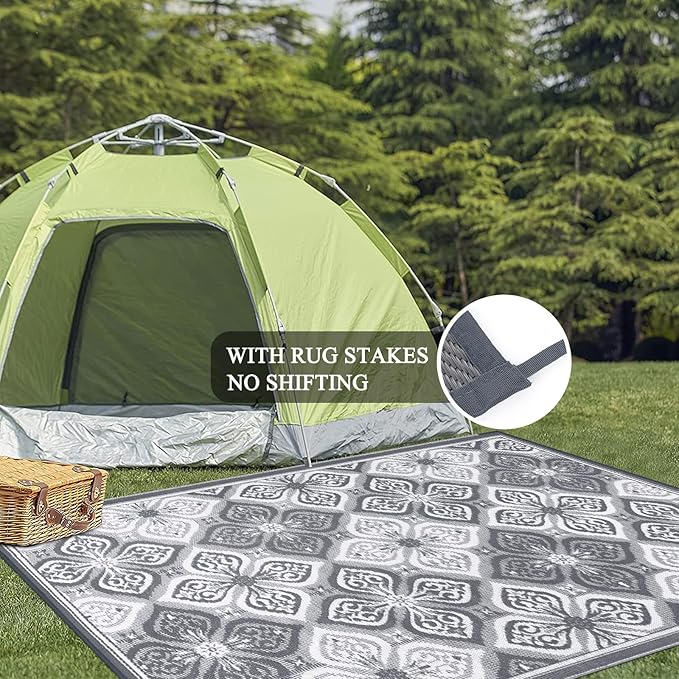 Pauwer Reversible Outdoor Rug, 6'x9', Waterproof, Polypropylene, Clover Grey, Area Rug for Patio, RV, Camping, Picnic, Backyard, Deck, Balcony, Porch