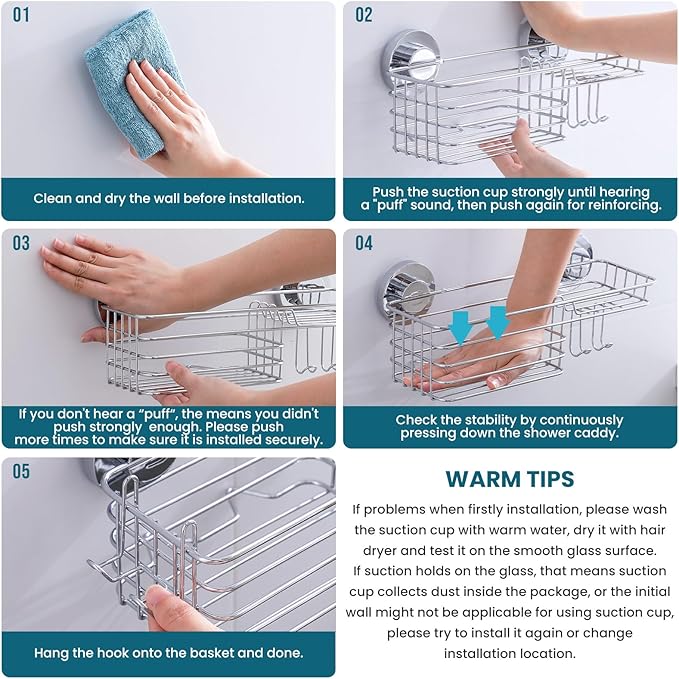 TAILI Shower Caddy Suction Cup 2 Pack with Hooks and Soap Holder, Heavy Duty Shower Organizer for Bathroom, No Drilling Silver bathroom suction shelves