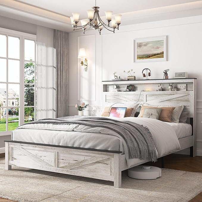 Farmhouse Wooden Bed Frame Queen Size with Storage Headboard, Boho Platform Bedframe with LED Lights and Charging Station, Metal Slats Support, No Box Spring Needed, White