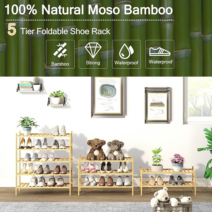 5-Tier Bamboo Shoe Rack for Entryway, Stackable | Heavy Duty | Multi-Function, Free Standing Shoe Racks for Bedroom Hallway Closet