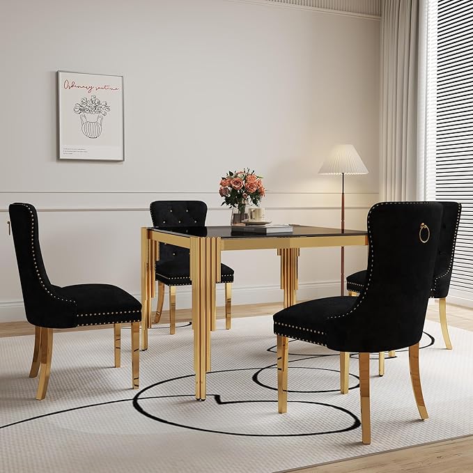 5 Piece Glass Dining Table Set, 35" Square Tempered Glass Kitchen Table with 4 Black Velvet Upholstered Chairs, Dining Chairs Set of 4 for Kitchen, Living Room (Black, Gold)