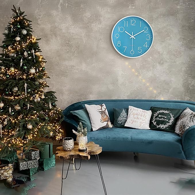 Lafocuse 12 Inch Blue Wall Clock Battery Operated for Kitchen Living Room, Silent Kids Analog Clock for Girls Boys Bedroom, Blue Home Décor
