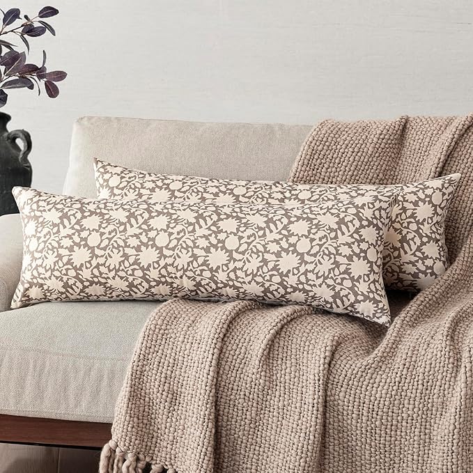 Foindtower Set of 2 Decorative Floral Long Body Lumbar Throw Pillow Covers Neutral Farmhouse Cushion Covers Boho Vintage Pillowcase For Couch Sofa Bedroom Living Room Home Decor Outdoor,14×36 Inch,Tan
