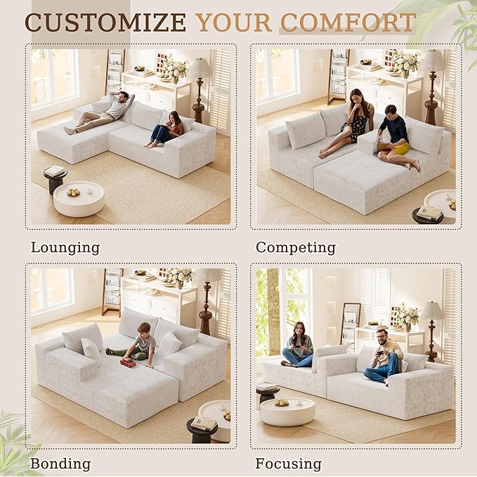 YESHOMY Sectional Couch, 108" Boneless Couches for Living Room, Modular Sectional Sofa with Deep Seat, Cloud Comfy Couch with L-Shape Chaise, No Assembly Required (Chenille, Pearl Cream)