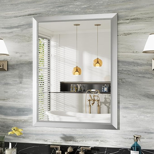 28x36 Inch Silver Bathroom Mirror for Wall, Thick Metal Framed Rectangle Mirrors for Over Sink, Bedroom, Living Room, Entryway, Anti-Rust, HD Tempered Glass