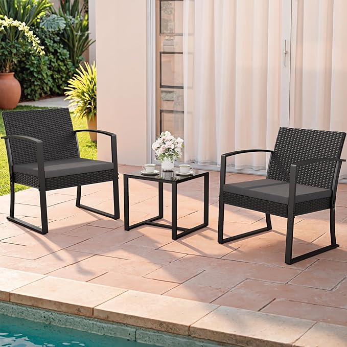 Homall Resin 3 Pieces Patio Furniture Set, Outdoor Bistro Set with Cushions and Glass Table, Conversation Set Rattan Chair for Porch, Balcony, Poolside, Garden (Black)