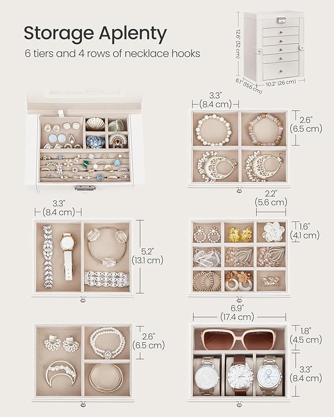 SONGMICS 6 Tier Jewelry Box, Jewelry Storage Organizer with 5 Drawers, Large Storage Capacity, with Mirror, Lockable, Jewelry Case, Gift for Loved Ones, For Watches, White UJBC152W01