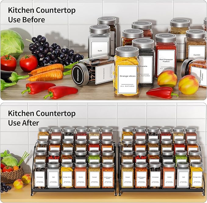 4 Tier Spice Rack Organzier, Spice Rack for Cabinet, Adjustable Depth Seasoning Shelf for Countertop, Pantry, Seasoning Organizer, Metal, Black (2 Pack)