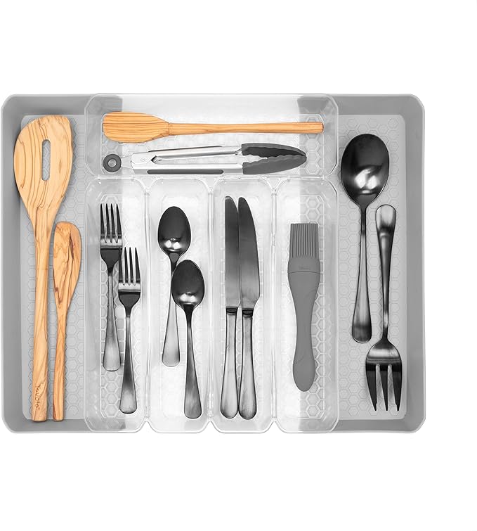 Spectrum Diversified Hexa Expandable Divided Drawer Organizer Tray Modern Kitchen Cutlery, Utensil, Silverware Holder, Cabinet Storage, 10 x 16, Clear Frost/Stone Gray