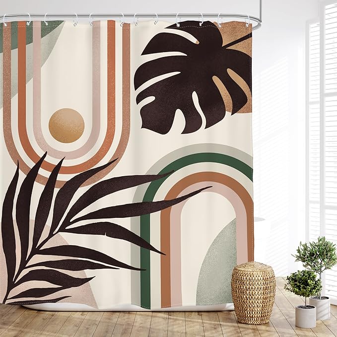 Glawry Boho Mid Century Shower Curtain Abstract Tropical Plant Minimalist Bohemian Botanical Palm Leaf Bathroom Modern Geometric 60Wx72L Inches Bath Accessories Art Home Decor Fabric 12 Pack Hooks…