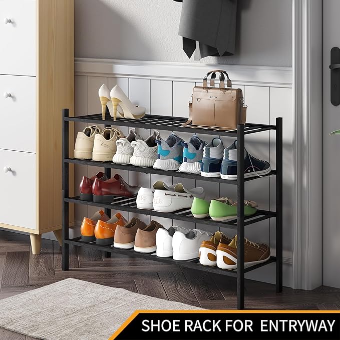 Long Shoe Rack, 4-Tier Bamboo Stackable Shoe Shelf Storage Organizer, Shoe Stand for Closet, Entryway and Hallway(Black)