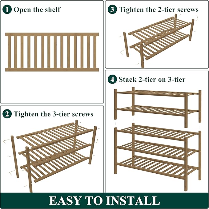 Smiry Bamboo Shoe Rack for Closet, 5 Tier Wooden Stackable Shoe Organizer, Free Standing Shoes Storage Shelf for Entryway, Front Door Entrance, Walnut